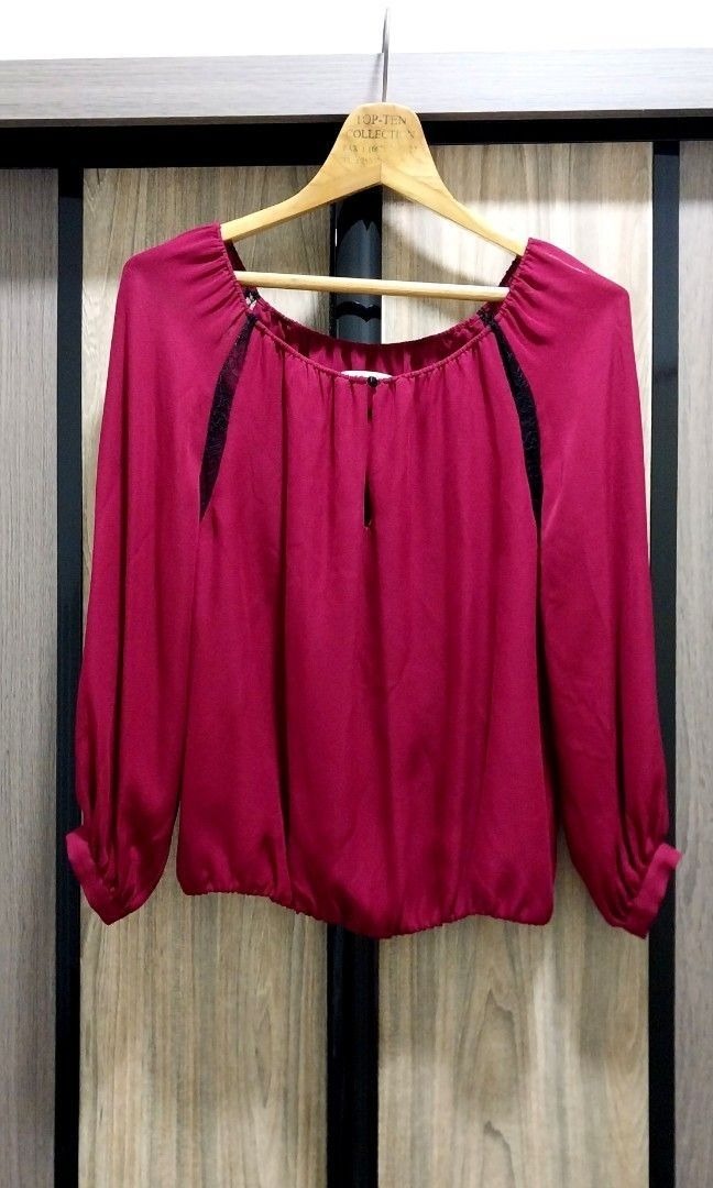 Alice + Olivia Red Keyhole Silk Top w/ Black Lace Panels