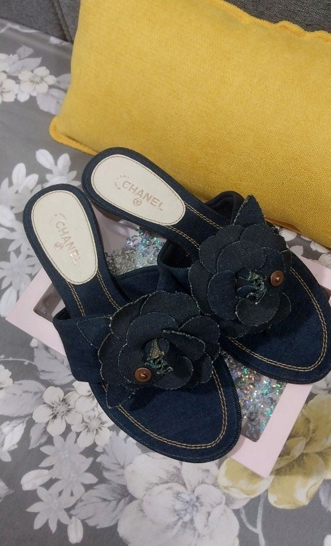 Chanel Camellia Denim Flip-Flops Thong Sandals