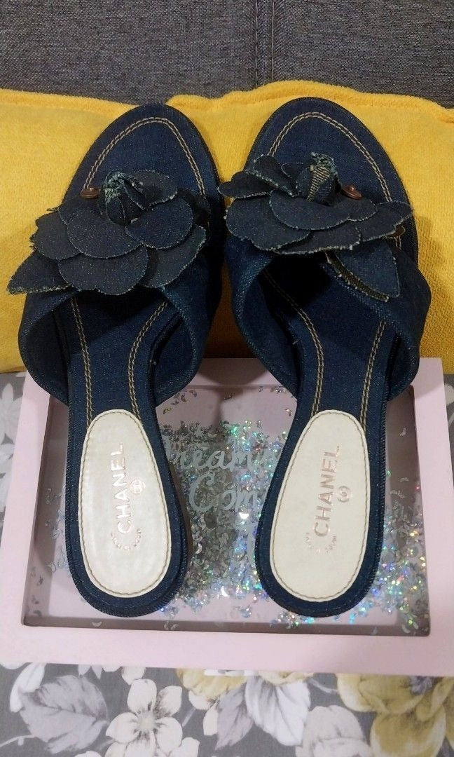 Chanel Camellia Denim Flip-Flops Thong Sandals