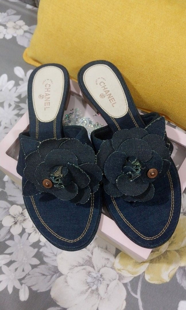 Chanel Camellia Denim Flip-Flops Thong Sandals