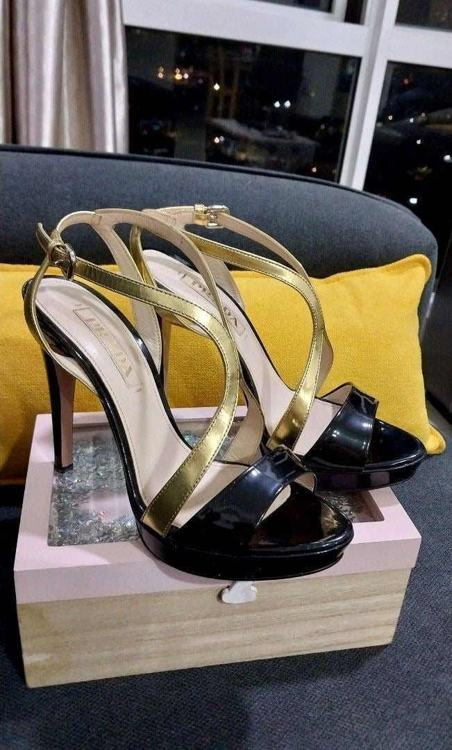 Prada Metallic Gold/Black Leather Platform Ankle Strap Heels