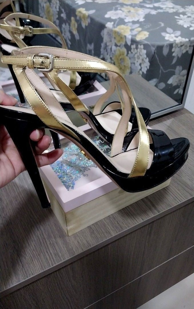 Prada Metallic Gold/Black Leather Platform Ankle Strap Heels