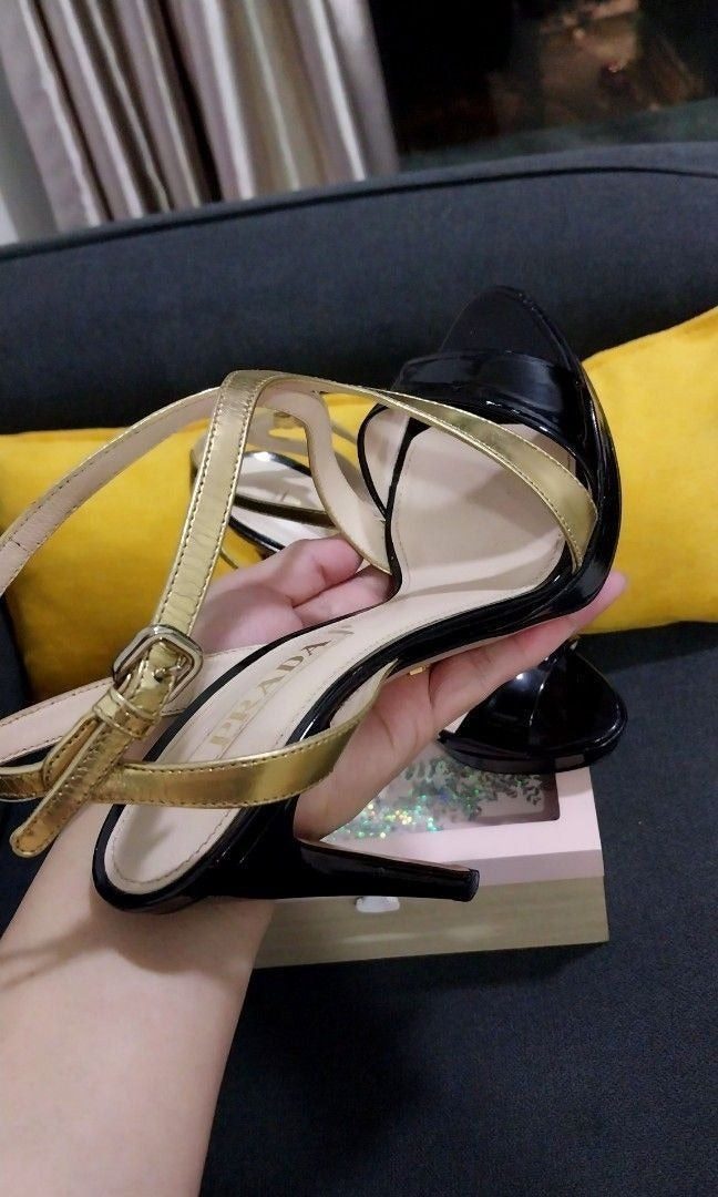Prada Metallic Gold/Black Leather Platform Ankle Strap Heels