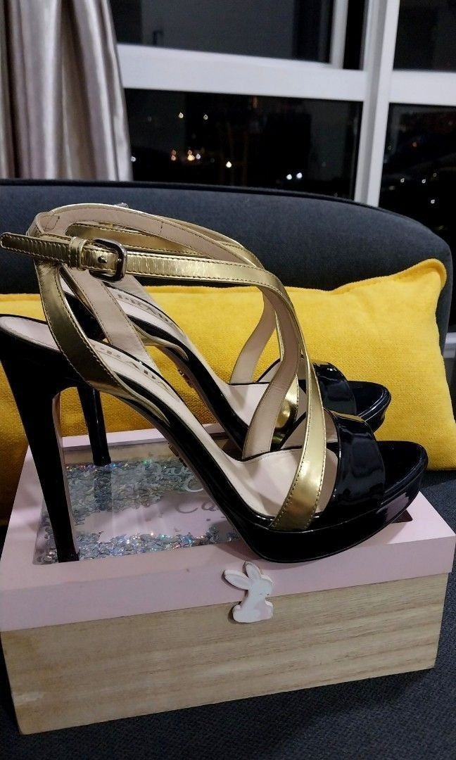 Prada Metallic Gold/Black Leather Platform Ankle Strap Heels