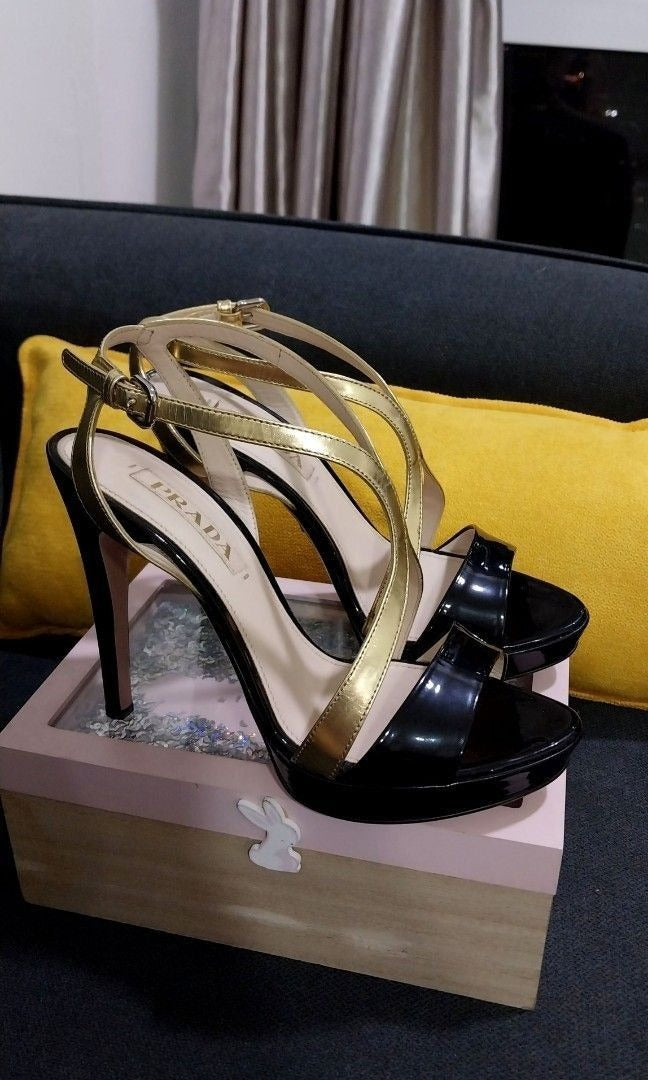 Prada Metallic Gold/Black Leather Platform Ankle Strap Heels