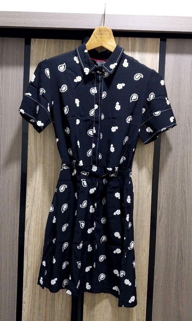 Topshop Black Floral Print Mini Dress with Belt