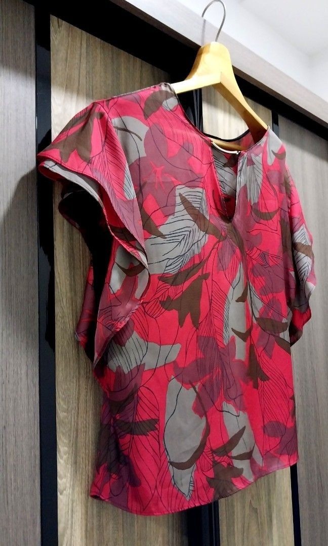 Zara Tropical Print Keyhole Blouse