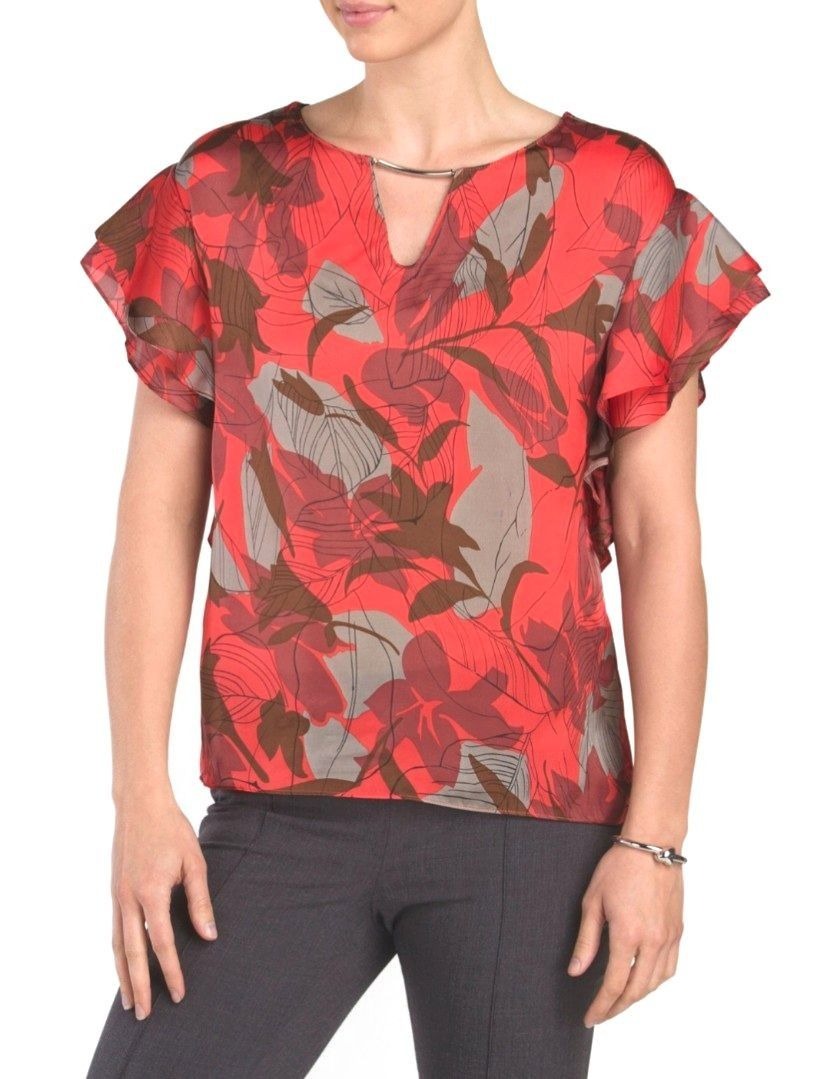 Zara Tropical Print Keyhole Blouse