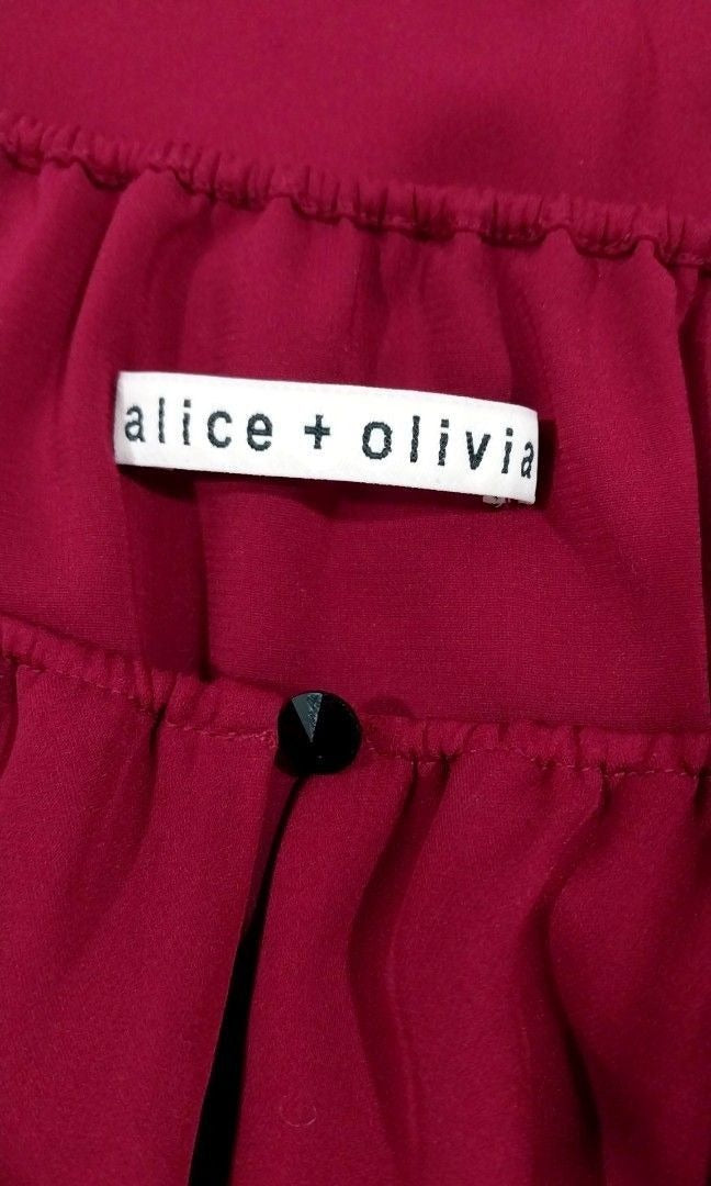 Alice + Olivia Red Keyhole Silk Top w/ Black Lace Panels