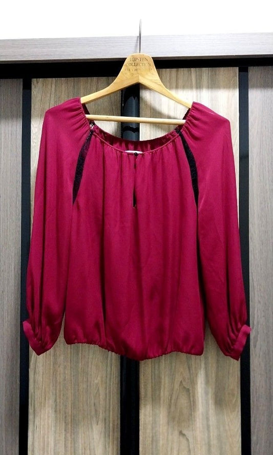 Alice + Olivia Red Keyhole Silk Top w/ Black Lace Panels