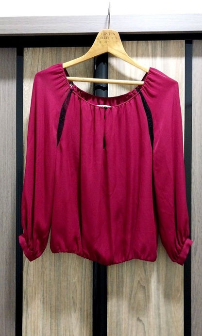 Alice + Olivia Red Keyhole Silk Top w/ Black Lace Panels