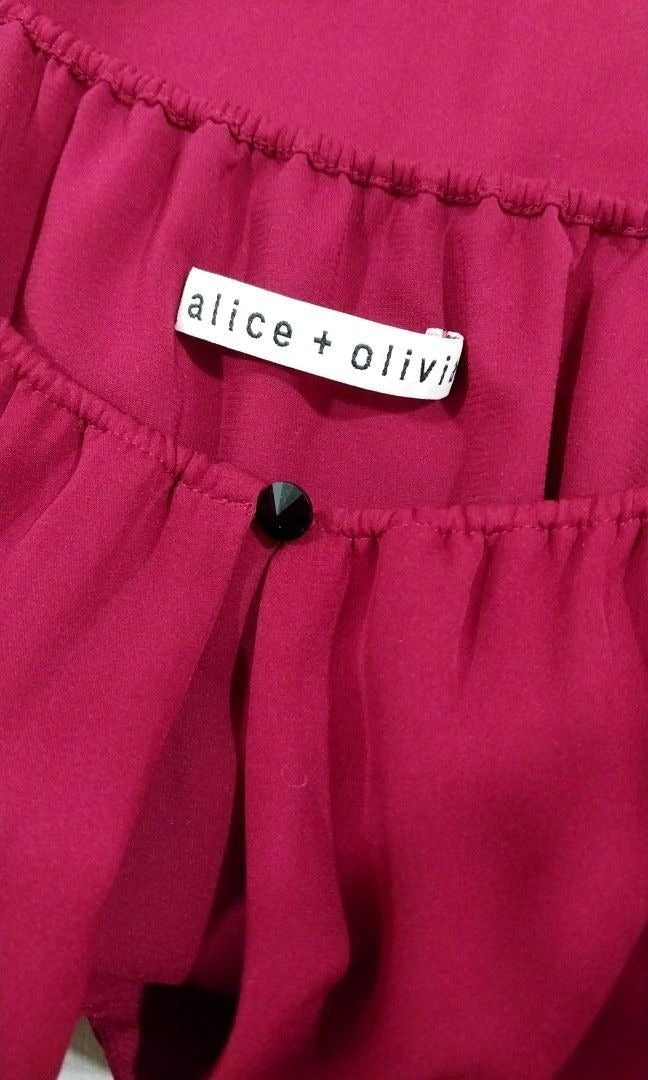 Alice + Olivia Red Keyhole Silk Top w/ Black Lace Panels