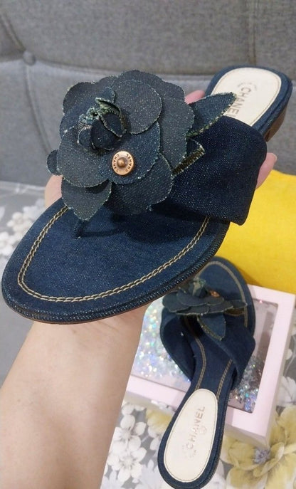 Chanel Camellia Denim Flip-Flops Thong Sandals