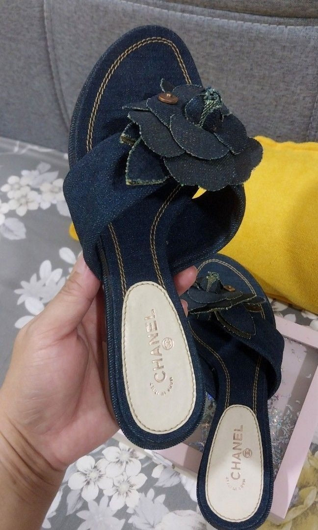 Chanel Camellia Denim Flip-Flops Thong Sandals