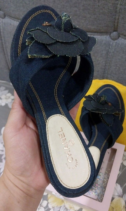 Chanel Camellia Denim Flip-Flops Thong Sandals