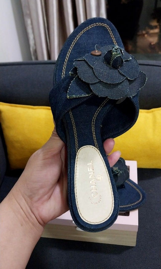 Chanel Camellia Denim Flip-Flops Thong Sandals