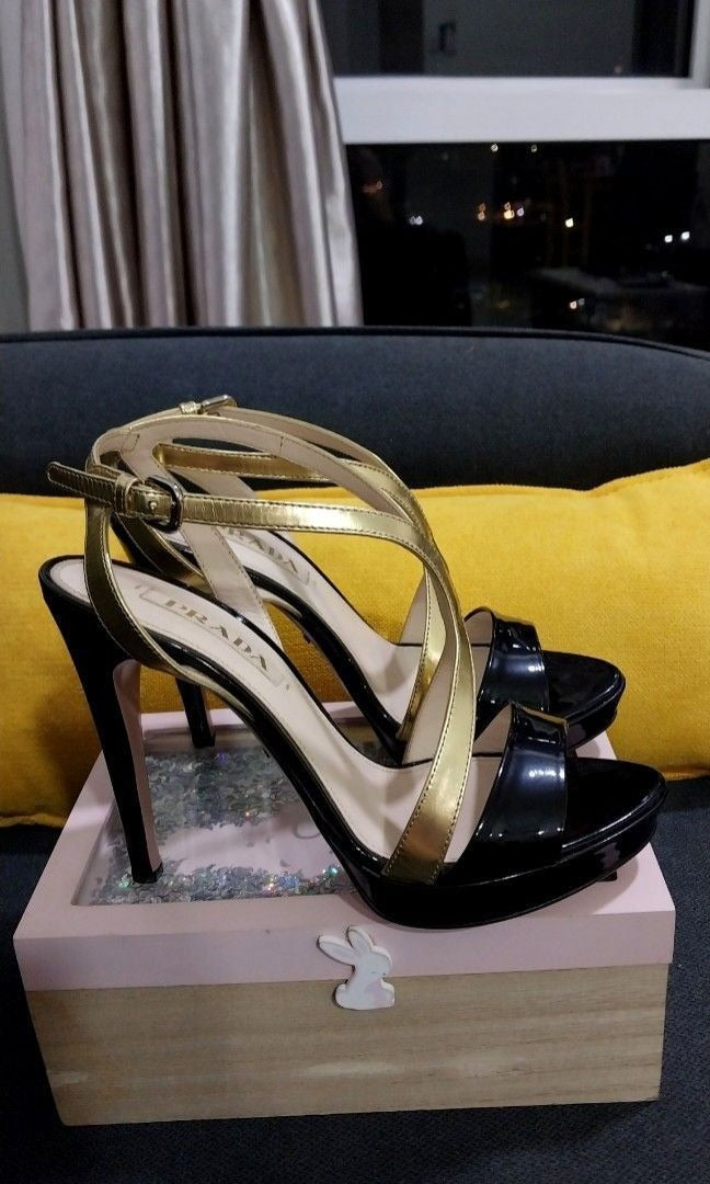 Prada Metallic Gold/Black Leather Platform Ankle Strap Heels