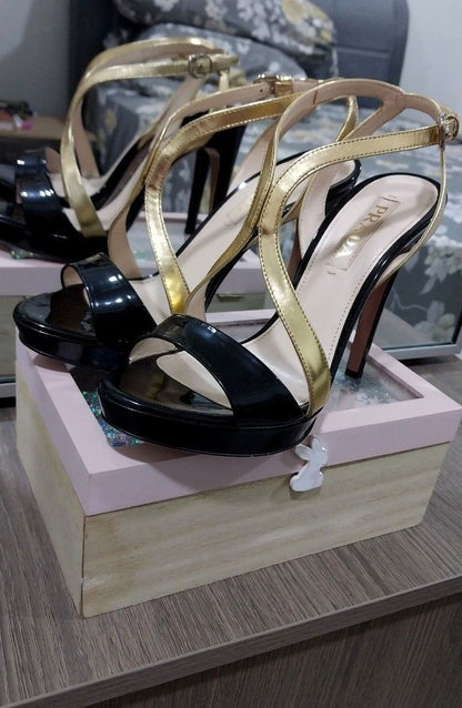 Prada Metallic Gold/Black Leather Platform Ankle Strap Heels