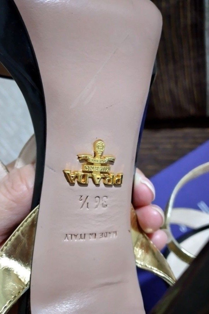 Prada Metallic Gold/Black Leather Platform Ankle Strap Heels