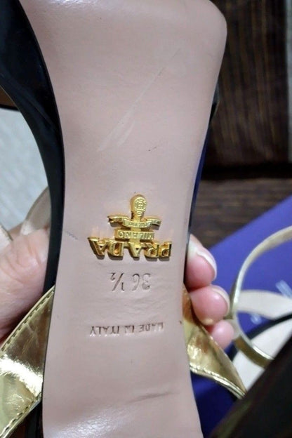 Prada Metallic Gold/Black Leather Platform Ankle Strap Heels