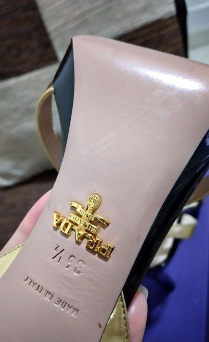 Prada Metallic Gold/Black Leather Platform Ankle Strap Heels