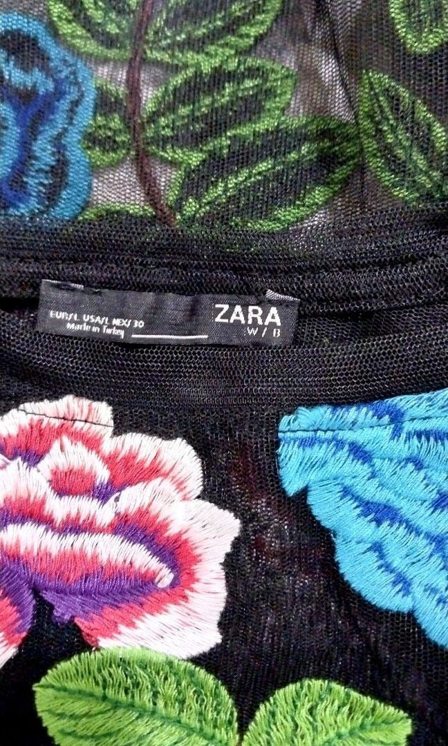 Zara Floral Embroidered Black Mesh Shirt