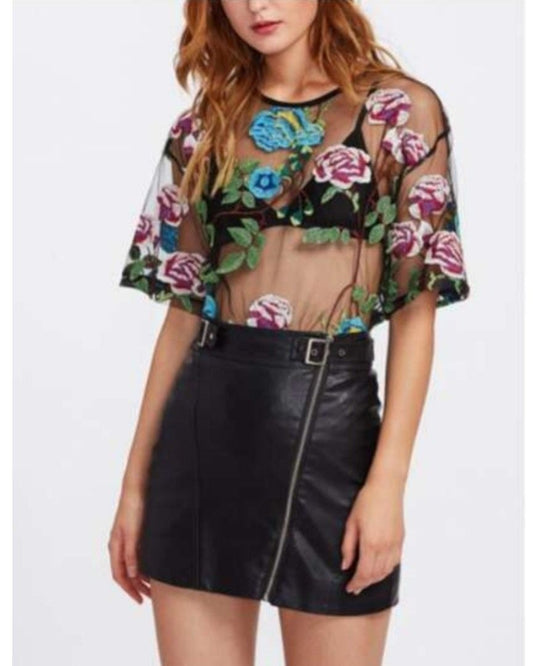Zara Floral Embroidered Black Mesh Shirt