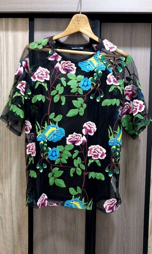 Zara Floral Embroidered Black Mesh Shirt