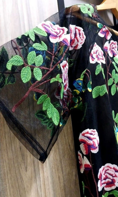 Zara Floral Embroidered Black Mesh Shirt