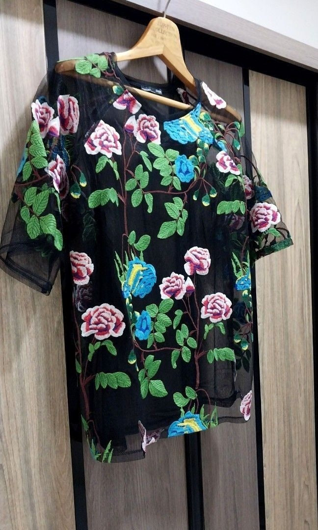 Zara Floral Embroidered Black Mesh Shirt