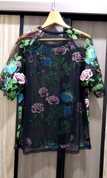 Zara Floral Embroidered Black Mesh Shirt