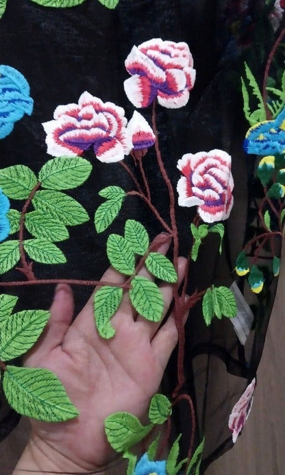 Zara Floral Embroidered Black Mesh Shirt