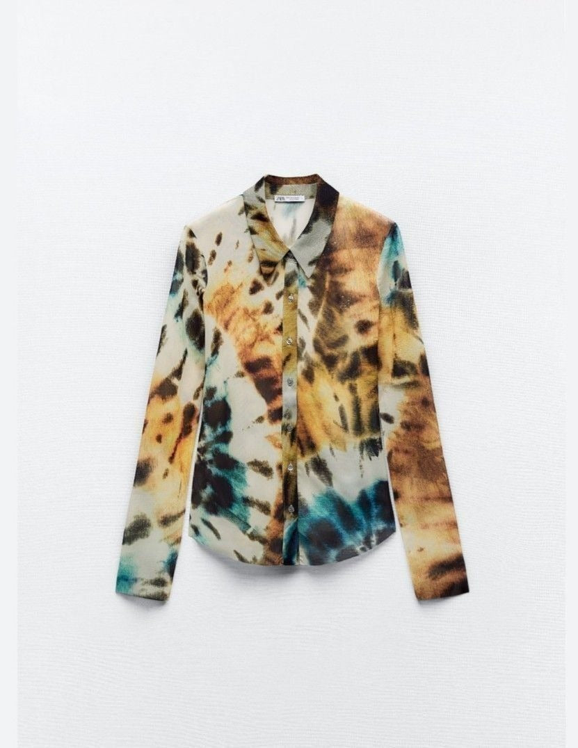 Zara Tie-Dye Print Tulle Mesh Shirt