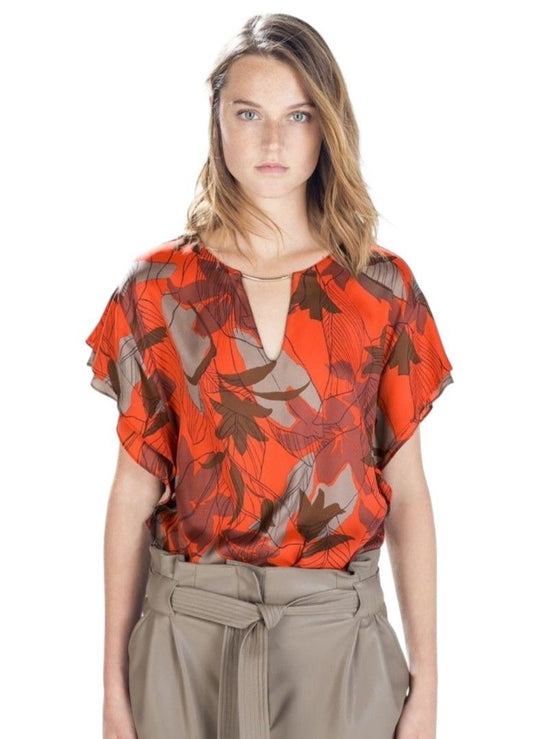 Zara Tropical Print Keyhole Blouse
